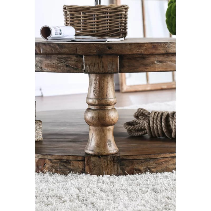 Pastoral Charm Round Oak Coffee Table with Button-Tufted Beige Linen Top