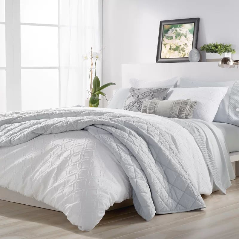 Elegant Ogee Microsculpt Twin Comforter Set in Organic White Microfiber
