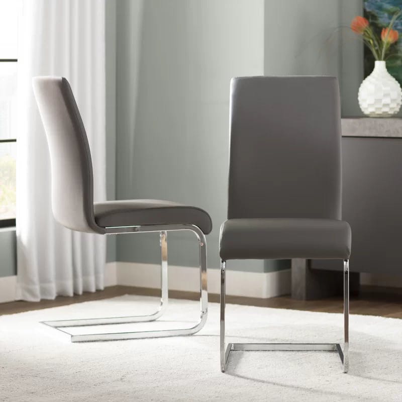 Chrome-Finished Metal Side Chair with Gray Faux Leather Upholstery
