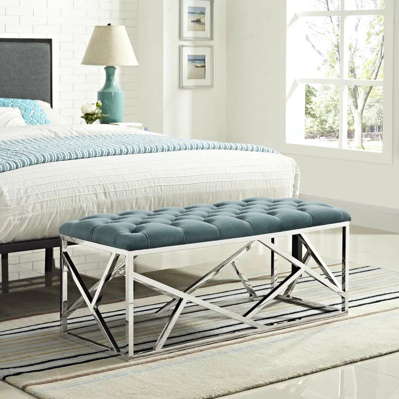 Sea Blue Velvet Tufted Bench with Polished Stainless Steel Base