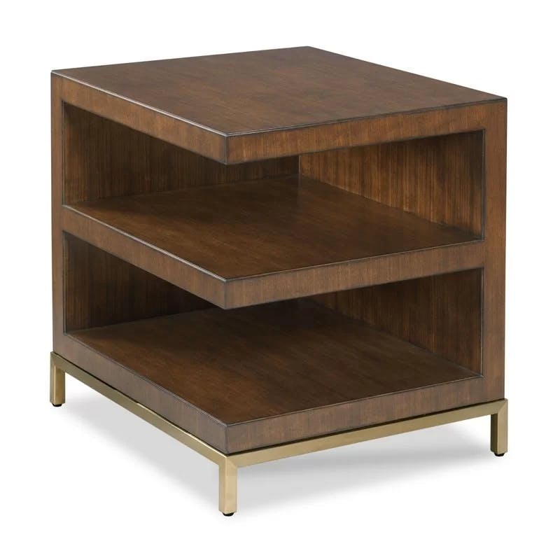 Lisse Brass-Plated Base Walnut Square End Table with Shelves
