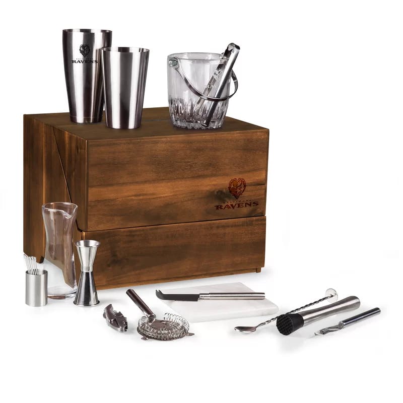 Cherry-Stained Acacia and Marble Madison Bar Tool Set with 19 Accessories