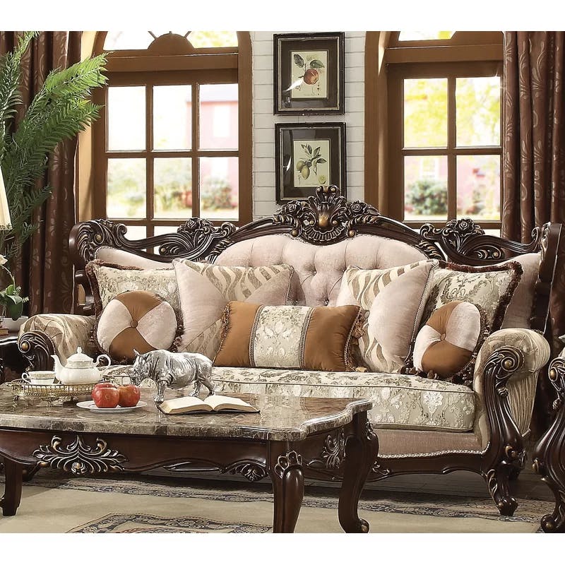 Walnut Brown 92.5'' Tufted Rolled Arm Sofa with Nailhead Accents