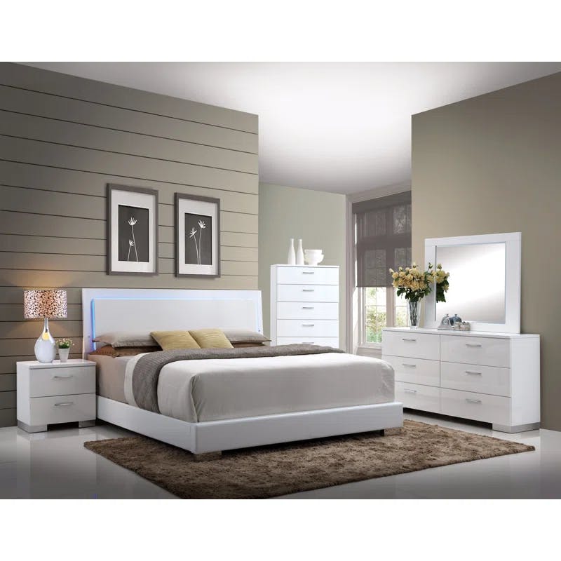 Lorimar High Gloss White Queen Bed with LED Headboard and Faux Leather