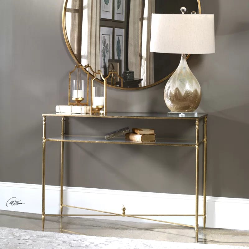 Elegant Gold Leaf Mirrored Console Table with Glass Shelf