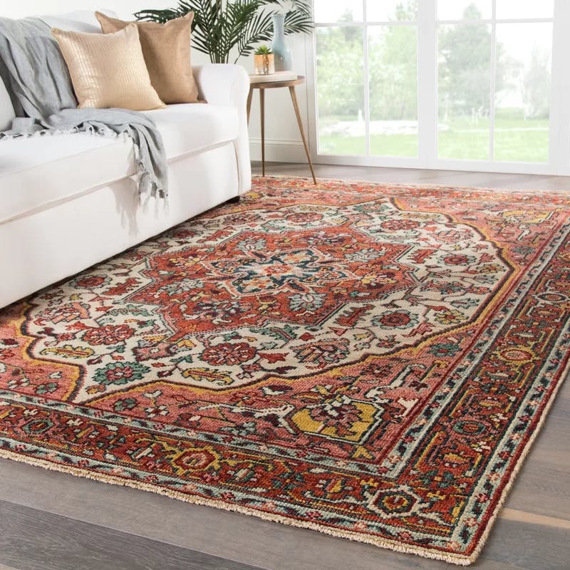 Elegant Medallion Hand-Knotted Wool Rug in Red 6' x 9'