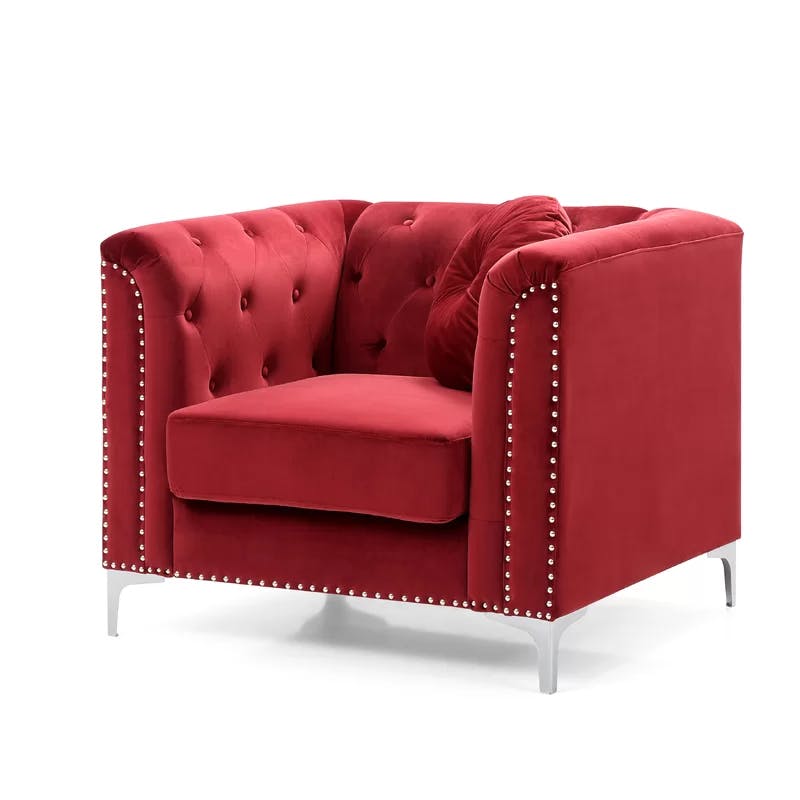 Elegant Burgundy Velvet Wood Armchair with Chrome Accents