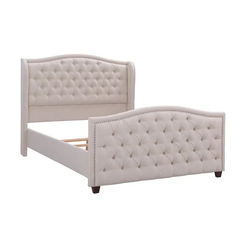 Sky Neutral Queen Upholstered Wingback Bed with Nailhead Trim