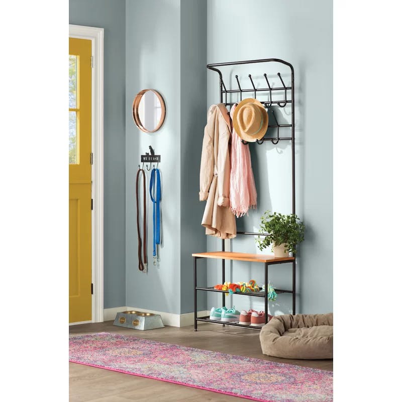 Versatile Black Metal Entryway Storage Valet with Bench and Hooks