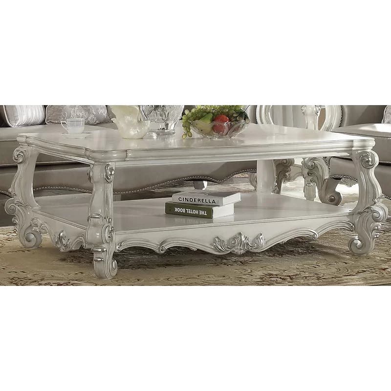 Elegant Artisan Bone White Wood and Glass Coffee Table with Storage
