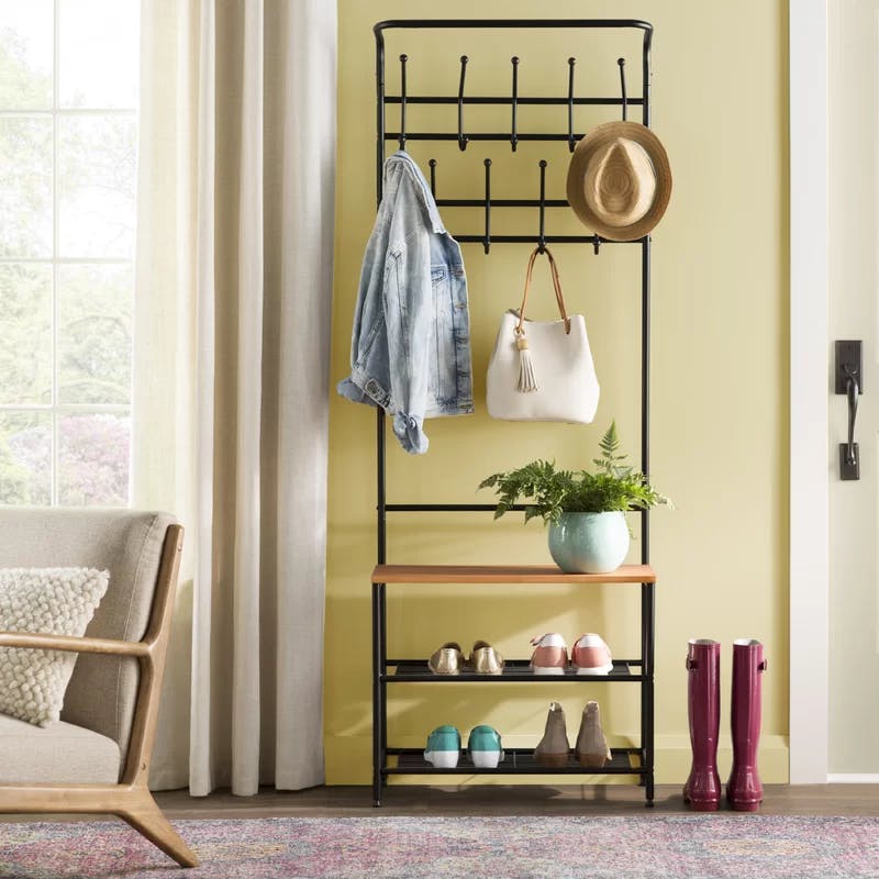 Versatile Black Metal Entryway Storage Valet with Bench and Hooks