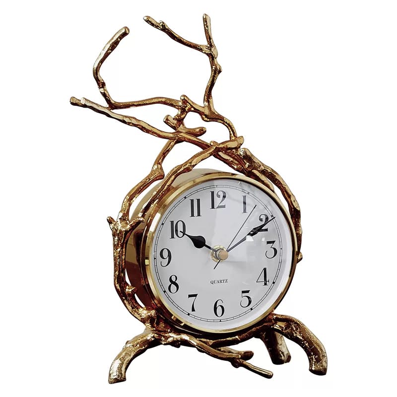Elegant Twig Brass Clock with Quartz Movement, 7"L x 10"H
