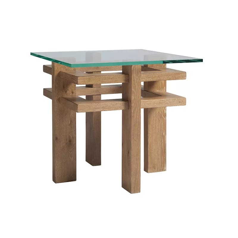 Transitional Beige Wood & Stone Square End Table with Ultra-Clear Glass Top