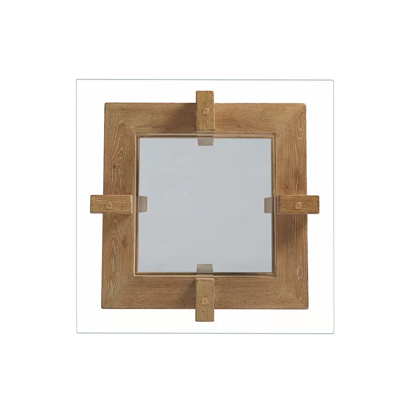 Transitional Beige Wood & Stone Square End Table with Ultra-Clear Glass Top