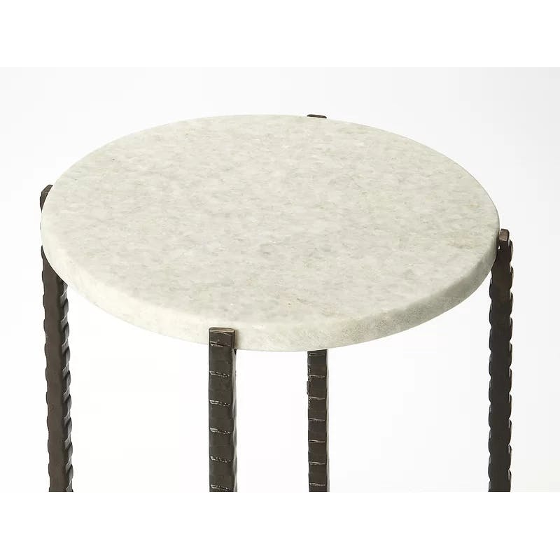 Twisted Iron Legs White Marble Round End Table