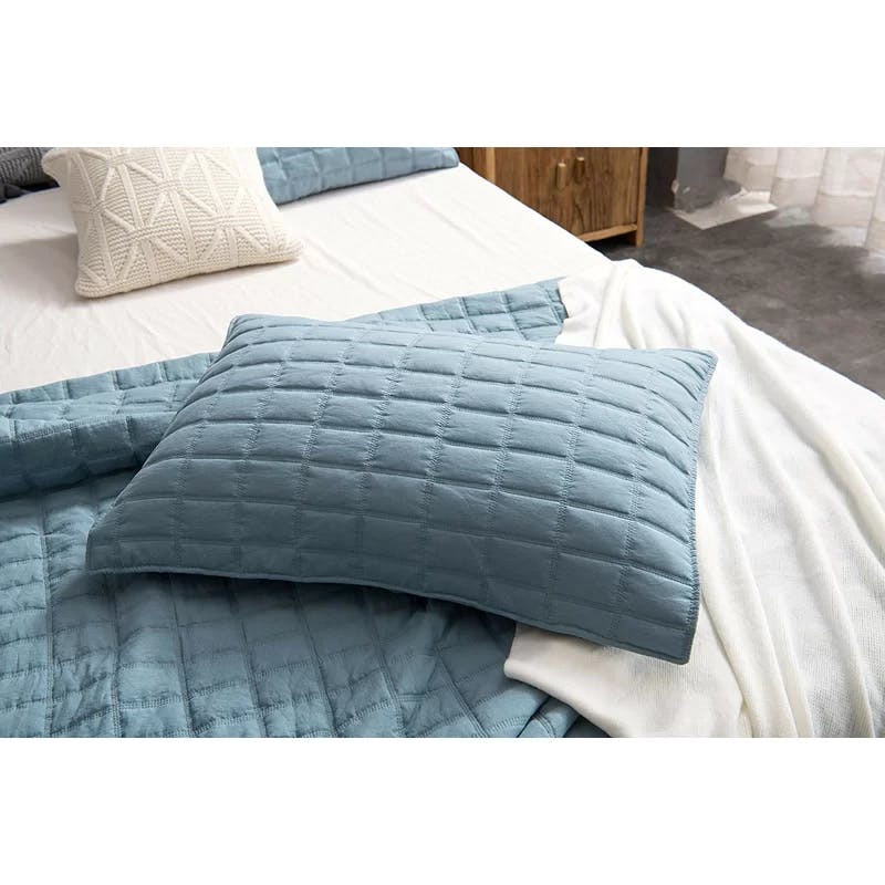 Stonewashed Blue Microfiber King Quilt Set with Reversible Design
