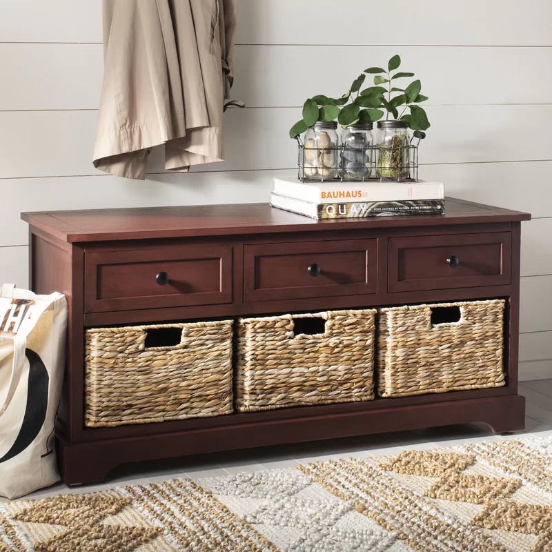 Transitional Red Pine Storage Bench with Wicker Baskets