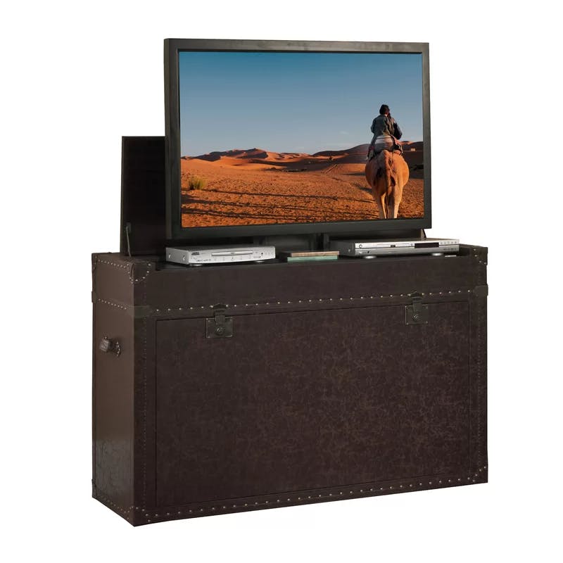 Elevate Rustic 46" Leather-Wrapped Motorized TV Lift Cabinet with Hand-Hammered Details