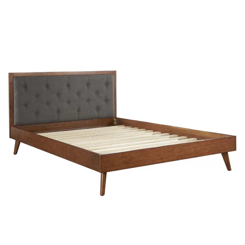 Mid-Century Modern Upholstered Queen Bed with Tufted Headboard in Grey