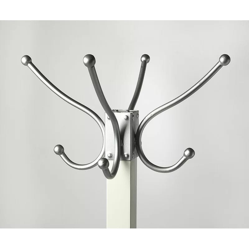 Transitional Logan Square White Freestanding Coat Rack with Silver Hooks