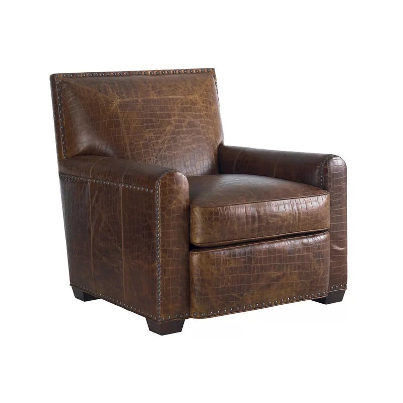 Mocha Pecan Genuine Leather Club Chair with Nailhead Trim