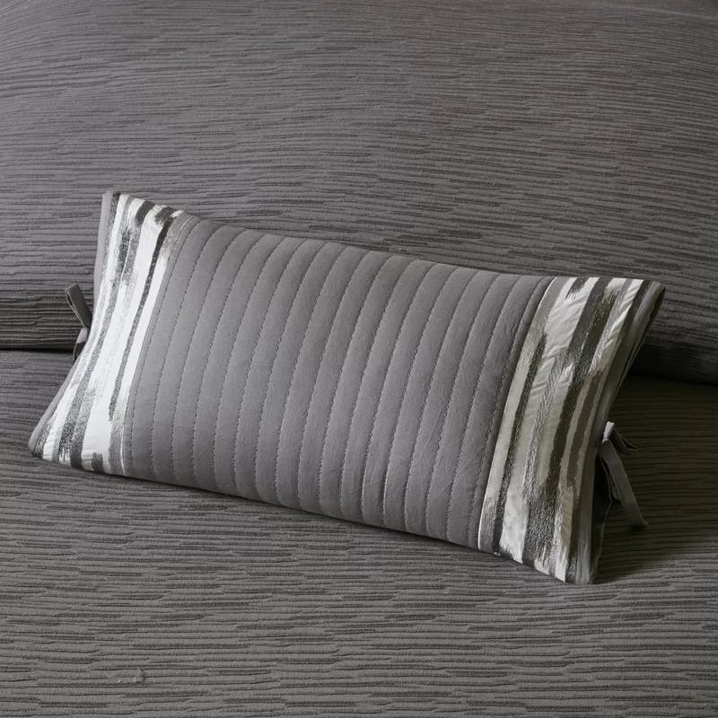 Hanae Embroidered Gray Cotton Oblong Decorative Pillow