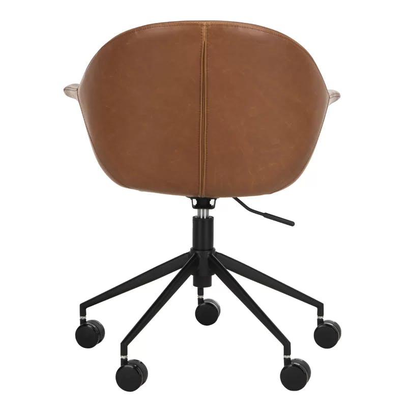 Transitional Ember Swivel Task Chair in Light Brown Leather and Black Wood