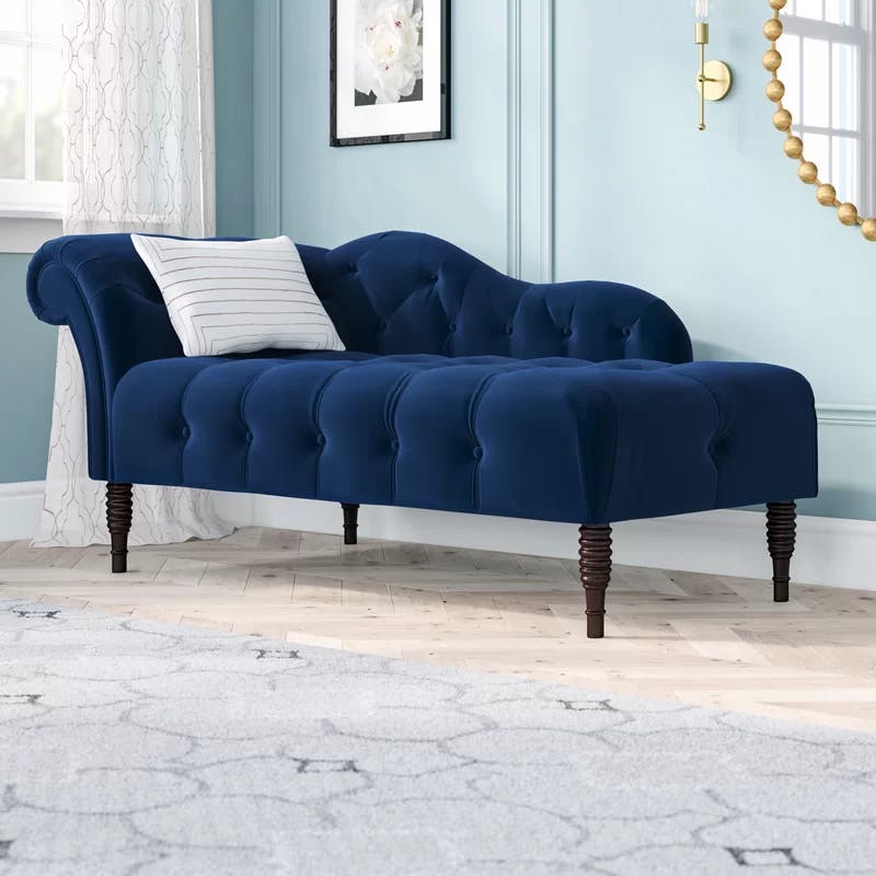 Elegant Navy Blue Velvet Sustainably Sourced Wood Chaise Lounge
