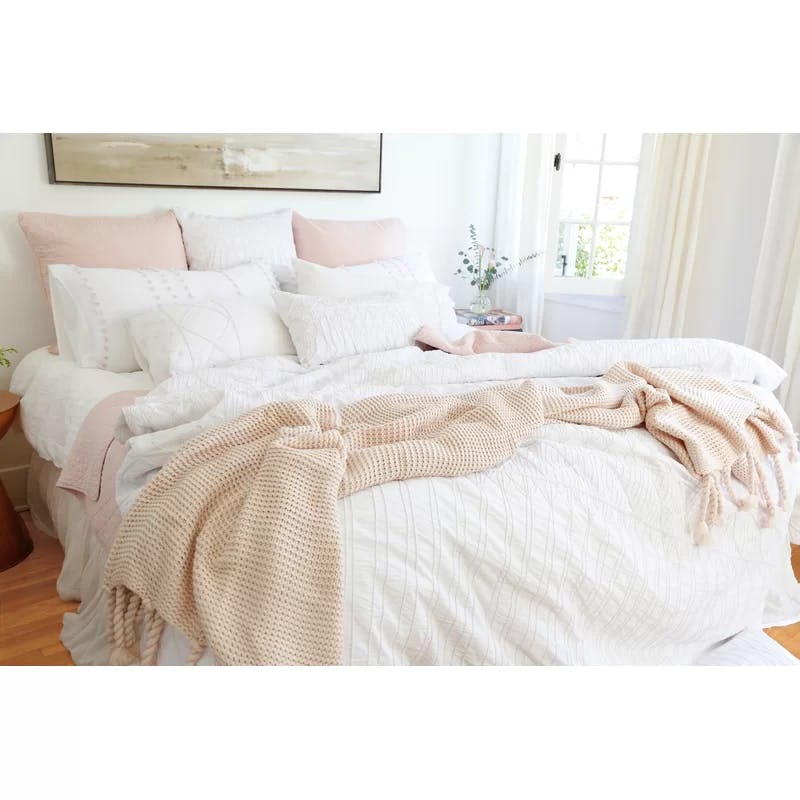 Blush Chunky Textured Weave Embroidered Throw with Braided Tassels