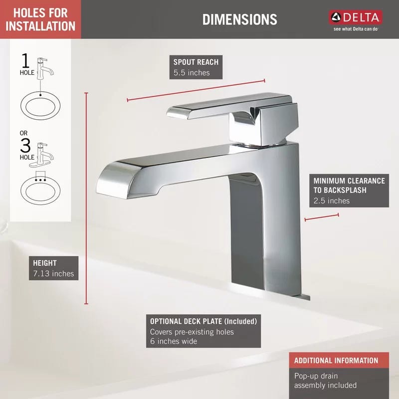 Sleek Modern Chrome Single-Hole Bathroom Faucet with Drain Assembly