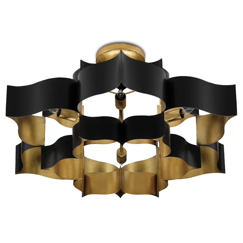Satin Black and Contemporary Gold Leaf 6-Light Adjustable Chandelier