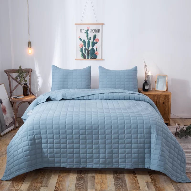 Country Rustic Organic Blue King Quilt Set with Reversible Microfiber