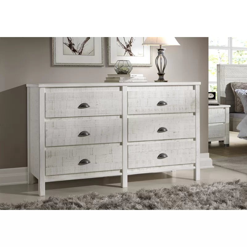 Farmhouse Baja Double 6-Drawer Dresser in Shabby White with Felt-Lined Drawers