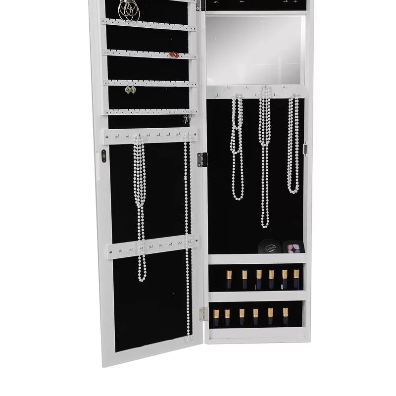 Elegant White Pine Wall-Mounted Jewelry Armoire with Full-Length Mirror