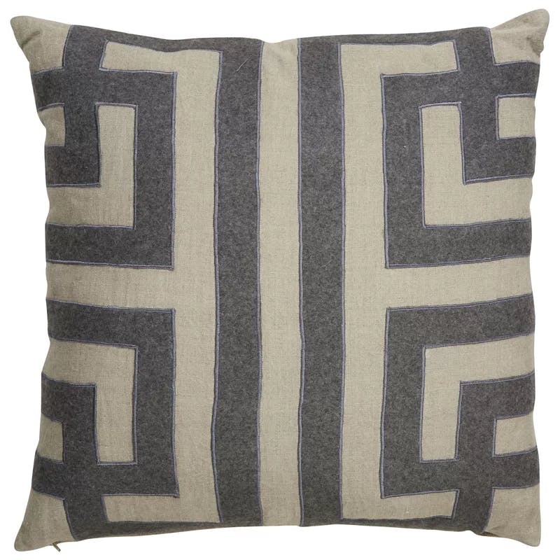 Sophisticated Gray and Beige Embroidered Linen Throw Pillow 22"