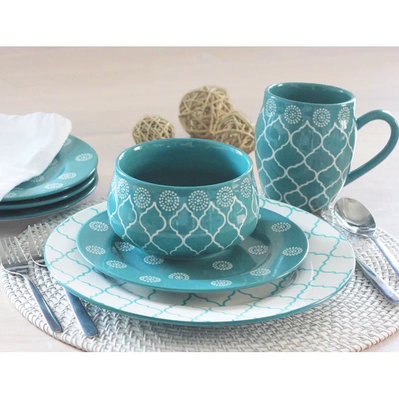 Marcela Floral Turquoise Ceramic Dinnerware Set, Service for 4