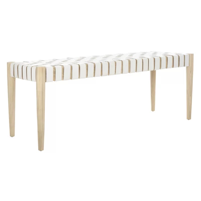 Amalia 47'' Beige and White Leather Weave Transitional Bench