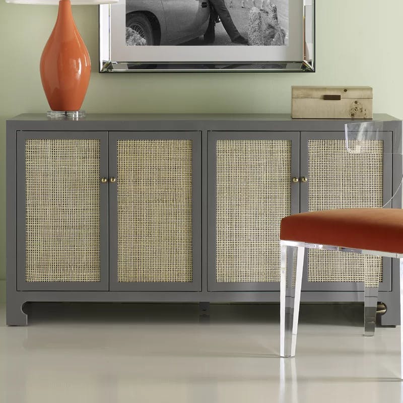 Sofia 58'' Gray Lacquer Pine Wood & Cane Sideboard with Adjustable Shelving