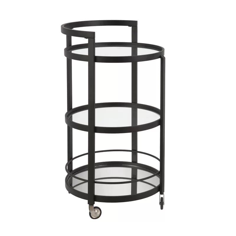 Bronze-Tinted Glass and Blackened Steel Round Bar Cart with Wine Rack