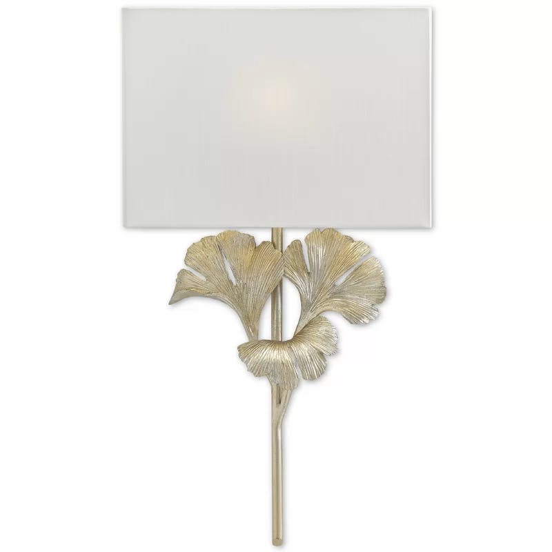 Gingko Distressed Silver Leaf 1-Light Wall Sconce with Off-White Shade