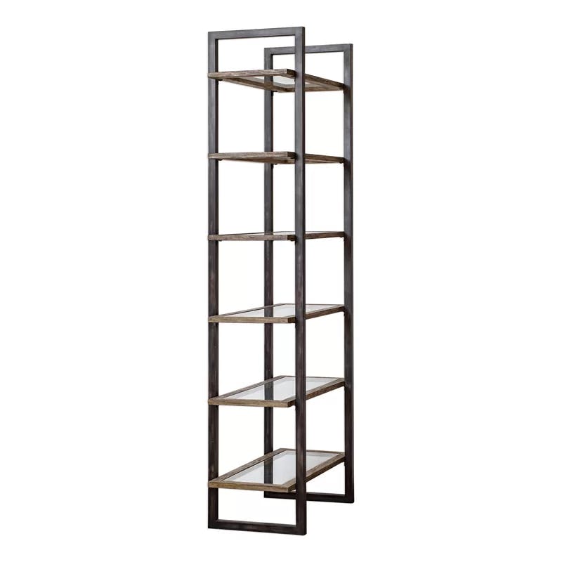 Olwyn Aged Steel 36" Industrial Etagere with Driftwood Finish