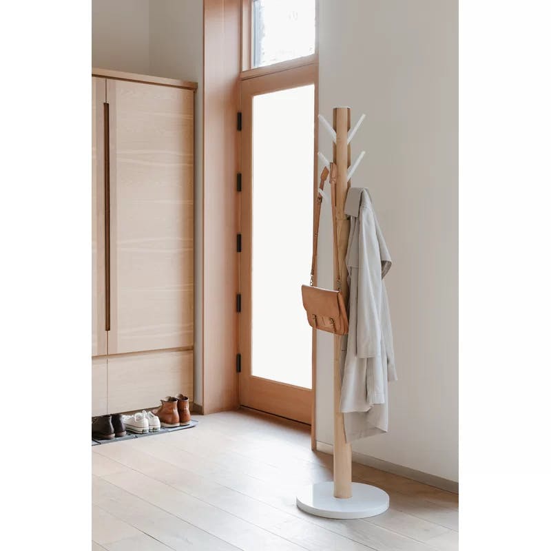 Sleek Modern White/Natural Rubberwood 9-Hook Coat Stand