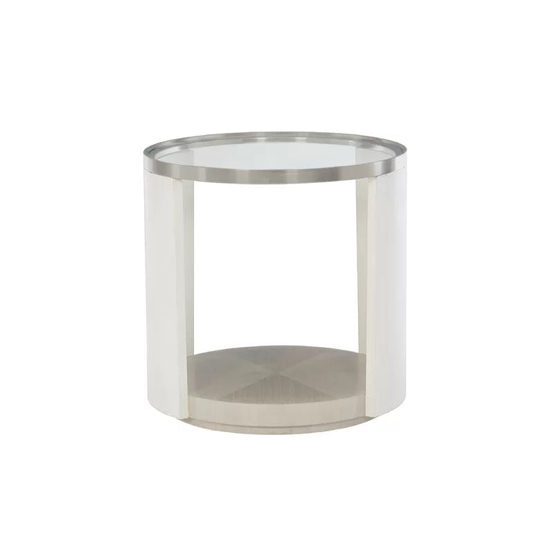 Transitional Gray and White Glass Top Metal Chairside Table