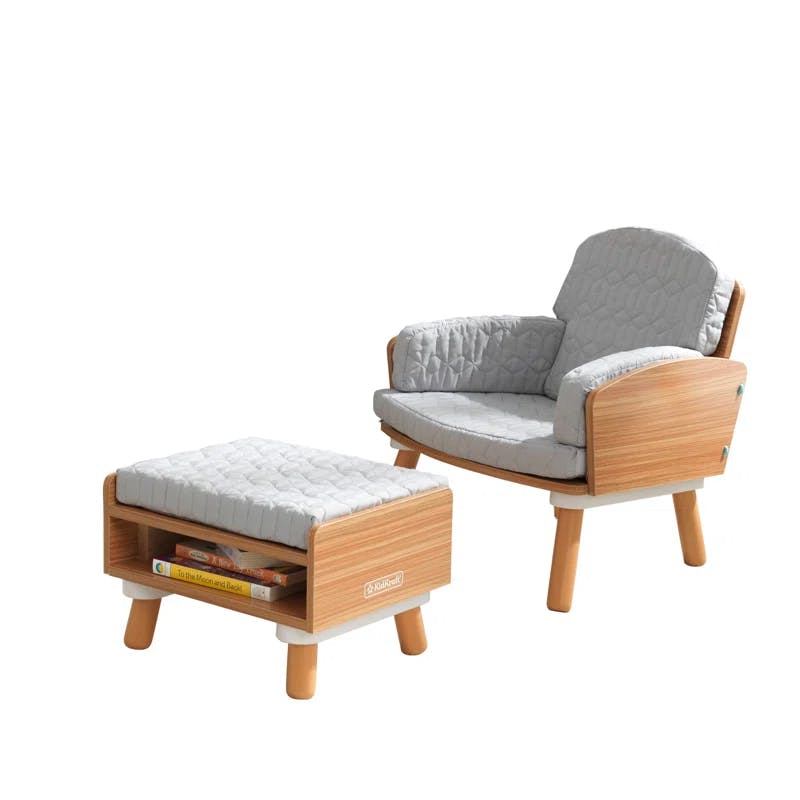 Mid-Century Kid Gray Upholstered Reading Chair & Ottoman with Storage