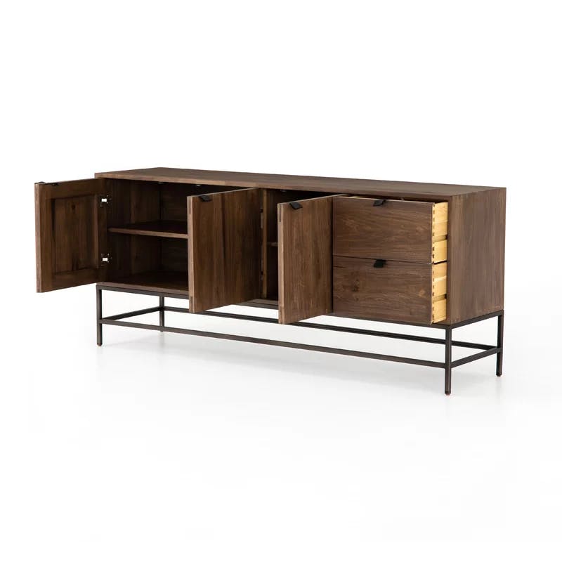 Auburn Poplar Wood 72" Sideboard with Leather Pulls and Iron Base