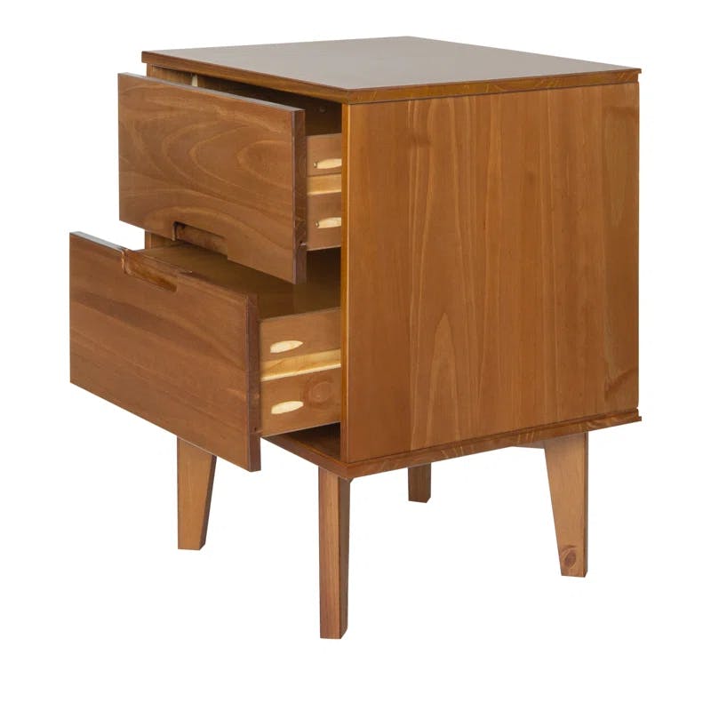 Caramel Solid Pine Mid-Century Modern Nightstand with Cutout Handles