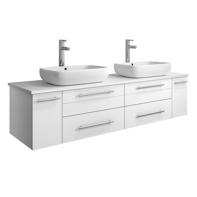 Modern 60" White Quartz Stone Double Vessel Sink Wall-Mount Vanity
