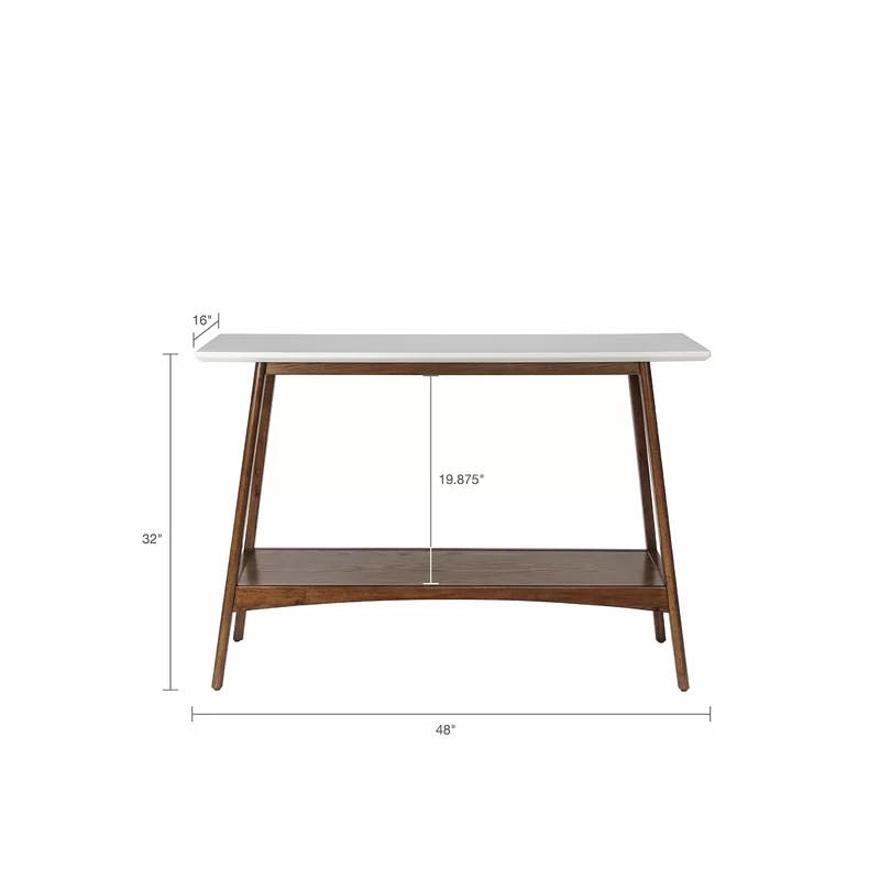Mid-Century Off-White and Pecan Console Table with Storage Shelf