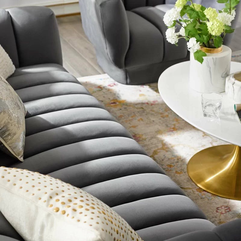 Vintage Glamour Gray Velvet Channel Tufted Sofa