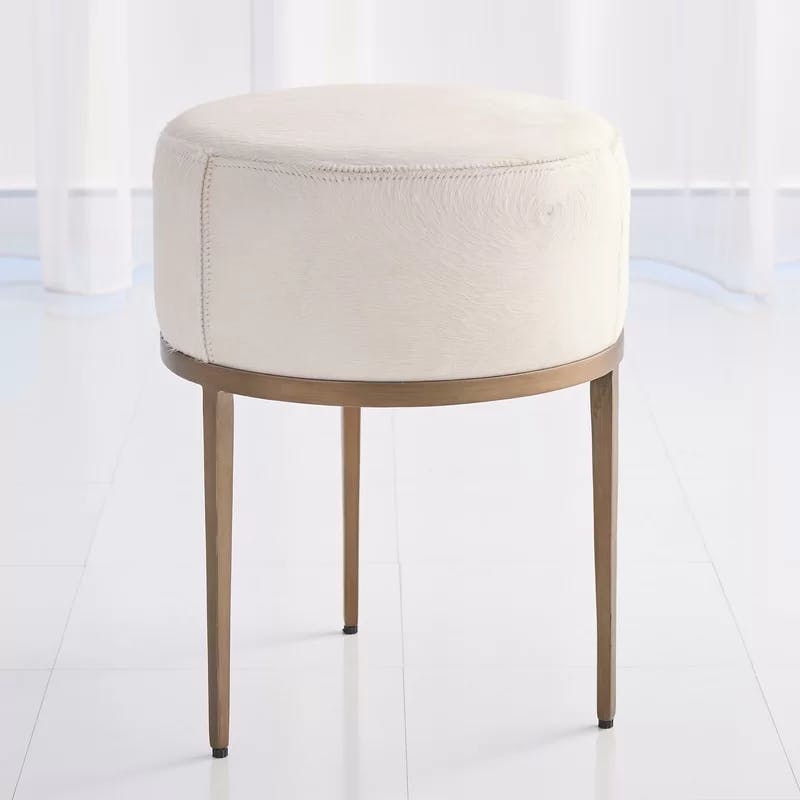 Ivory Leather Round Urban Stool with Antique Brass Iron Legs